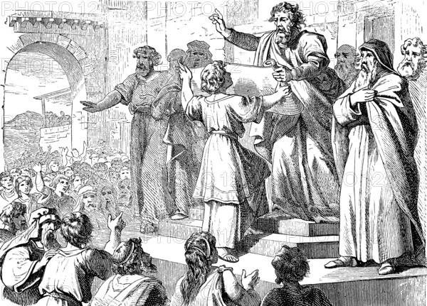 The priest and scribe Ezra reads the law to the people in front of the water gate, Jerusalem, The