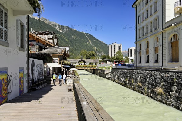 Arve glacial river flows through the city, Chamonix-Mont-Blanc, Haute-Savoie, France