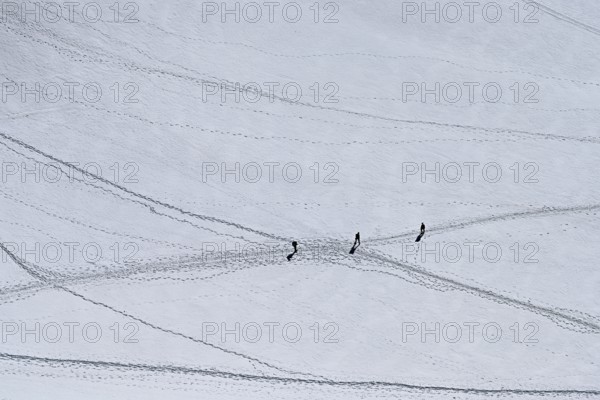 A group of mountaineers runs across a snow-covered mountain, Aiguille du Midi, Chamonix-Mont-Blanc,
