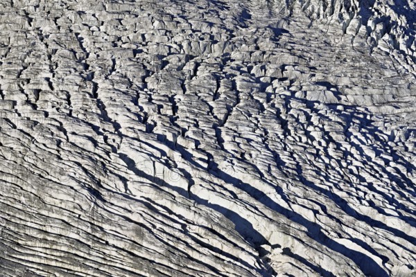 View from the Télécabine Panorama Railway of the glacial crevices of the Glacier du Géant,