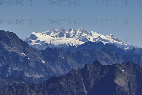 View of the Swiss Alps with the snow-capped Monte Rosa Mountains, Pointe Helbronner viewing