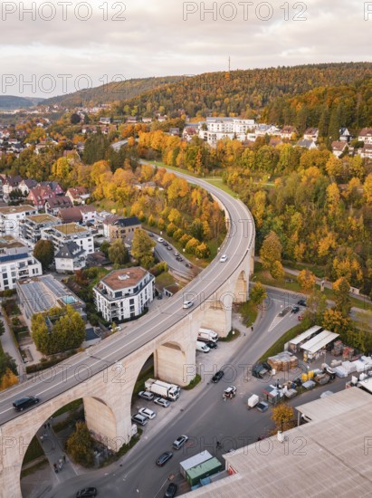 Aerial view of a small town with a viaduct surrounded by forests in autumn colors, Nagold, Black