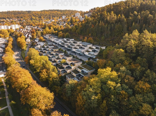 Aerial view of a residential area on the edge of a forest in autumn with intense colors, Nagold,