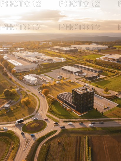Roundabout and industrial park, in golden evening light, surrounded by fields and nature, Nagold,
