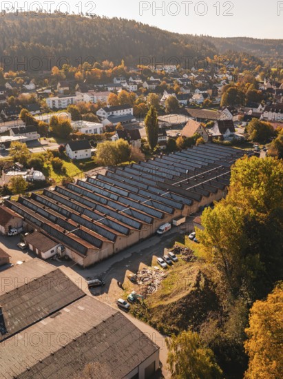 Panoramic view of an industrial area with autumn trees and surrounding buildings, Nagold, Black