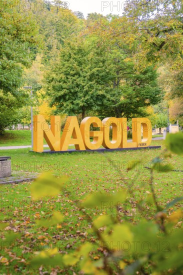 Park with big yellow letters that indicate Nagold, surrounded by autumnal nature, Nagold, Black