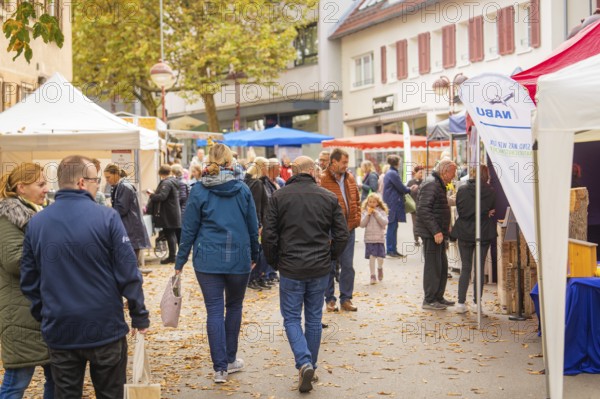 Families visit a lively market with a festive atmosphere and autumn decorations, traditional fruit