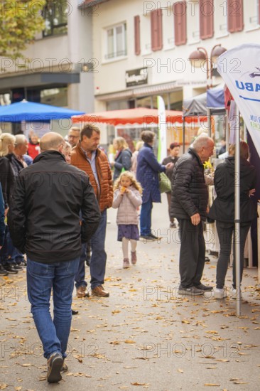 Families and individuals explore the market stalls in a busy pedestrian zone, Streuobstmarkt,