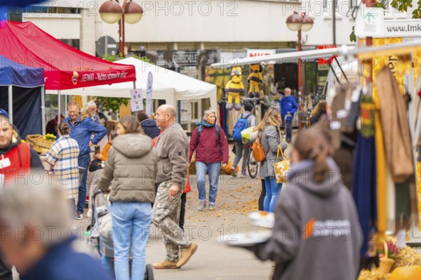 People stroll and talk at a busy market with many stalls, traditional fruit market, Sindelfingen,