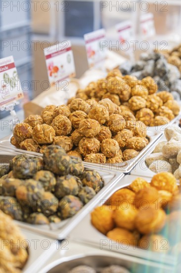Handmade, colorful food carefully placed on a market stand, Streuobstmarkt, Sindelfingen, Böblingen