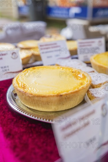 Close-up of a cheesecake on a silver plate at a market stand, Streuobstmarkt, Sindelfingen,