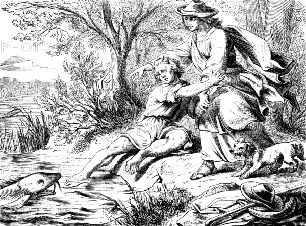Tobias catches a strange fish in the Tigris, Oh Lord, he wants to eat me, The book of Tobias,