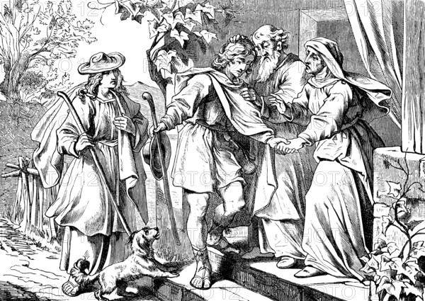The farewell of Tobias, his parents give him lessons and admonitions along the way, The book of