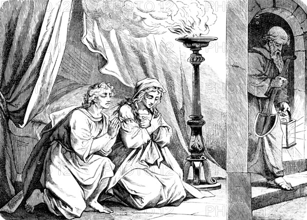 Young Tobias receives Sarah as wife, The Book of Tobias, chapter 7, bed, curtain, prayer, oil lamp,