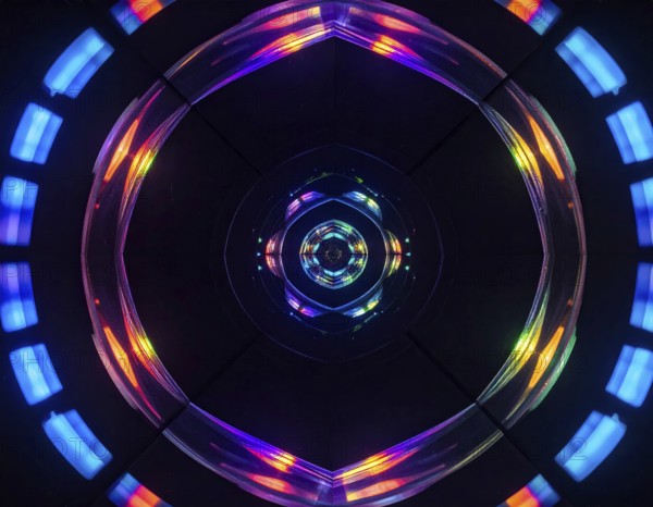Abstract background of slightly unfocused multicolored glass lenses spinning and rotating,