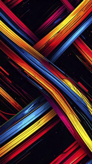 Abstract digital art featuring vibrant, intersecting neon lines creating a geometric pattern,