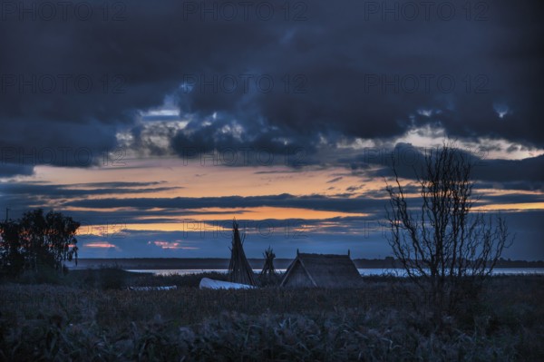 Dawn on the lagoon, a fishing hut in front, Baltic Sea, Ahrenshoop, Darß, Mecklenburg-Western