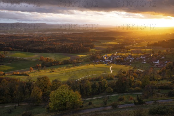 Sunset — dramatic autumn atmosphere at Hohenstaufen, Spielburg Nature Reserve, Göppingen,