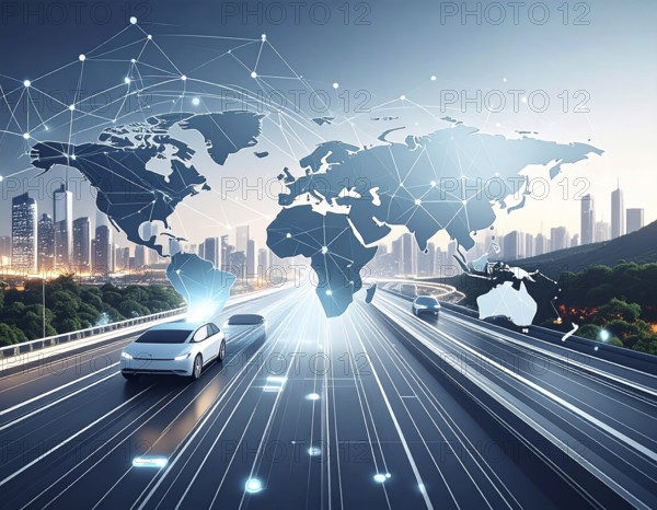 Abstract visualization of global rare earth supply network feeding EV industry, world map design,