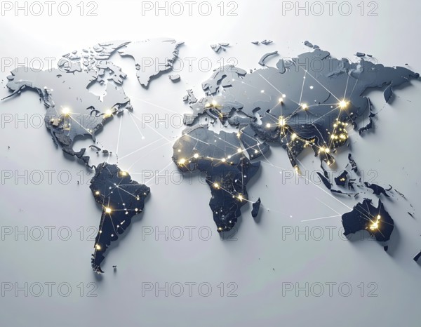 Abstract visualization of global rare earth supply network feeding EV industry, world map design,