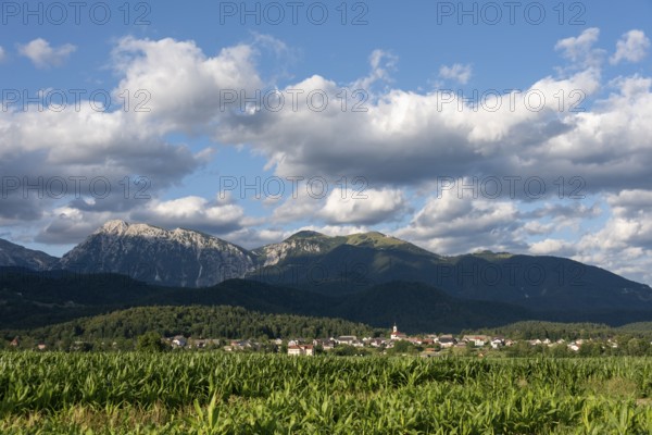 A Slovenian village is nestled between green fields and the imposing peaks of the Julian Alps near
