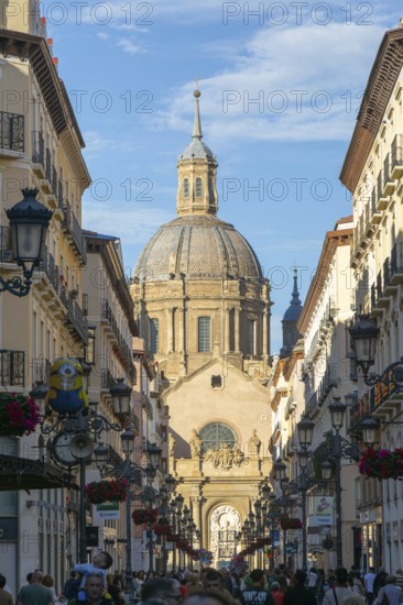 View of Basilica of Our Lady of the Pillar cathedral church from Calle de Alfonso I, Zaragoza,