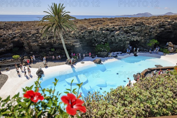 View from elevated position of pool designed by César Manrique Swimming pool in art venue cultural