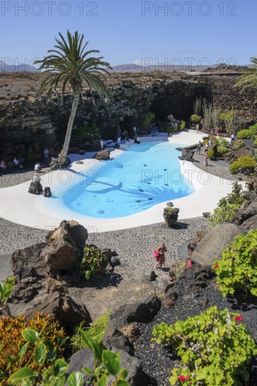 View from elevated position of pool designed by César Manrique Swimming pool in art venue cultural