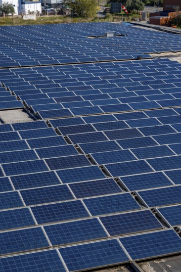 Solar panels are covering an industrial building rooftop, absorbing sunlight and converting it into