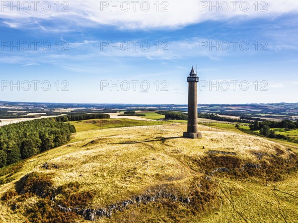 Waterloo Monument over Scottish fields and farms from a drone, Jedburgh, Scotland, UK
