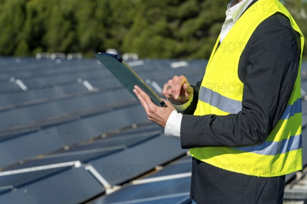 Engineer in safety vest and suit jacket holds clipboard and pen while inspecting and recording data