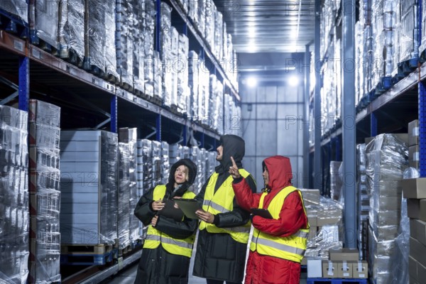 Logistics team members in protective clothing and high visibility vests checking inventory on tall