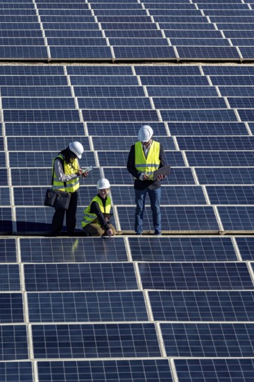 Engineers are inspecting a large solar panel array, focusing on performance and maintenance while