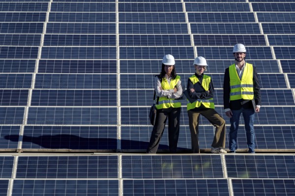 Engineers in hard hats and vests working on a vast solar panel installation, representing