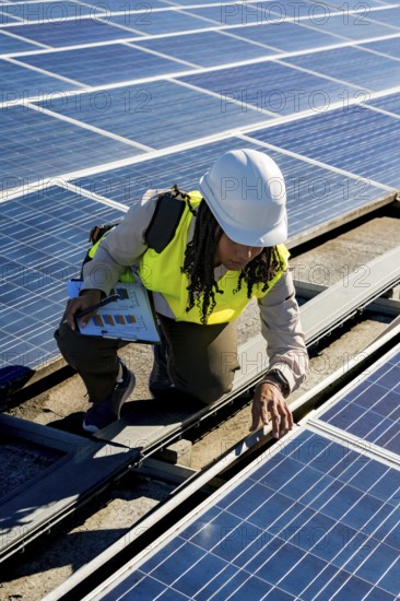Woman engineer in a hard hat and safety vest inspecting solar panels on a rooftop, working on
