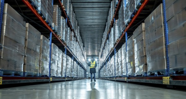 Worker in protective clothing examining packed goods and managing inventory within a vast,