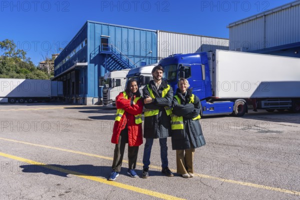 Logistics team members smiling, wearing safety vests and warm clothing, standing outdoors with arms