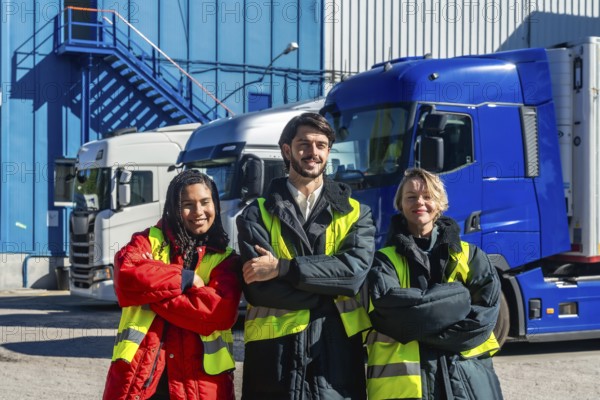 Diverse logistics team in high visibility vests and insulated jackets standing with arms crossed