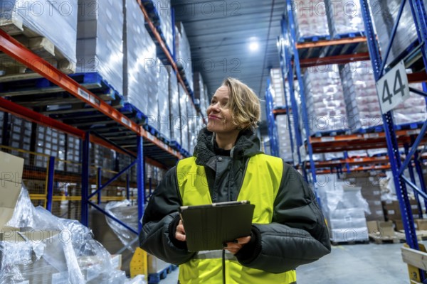 Woman worker managing cold storage logistics, wearing a warm jacket and reflective vest, holding a