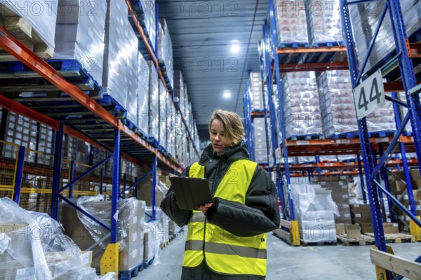 Woman worker in protective clothing and high visibility vest checking goods on shelves with a