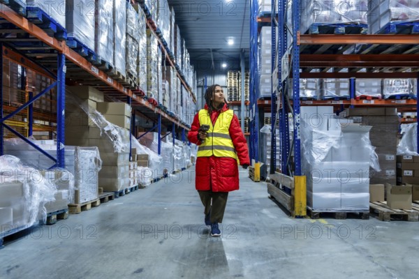 Female warehouse worker wearing warm clothing and a safety vest, scanning inventory while walking