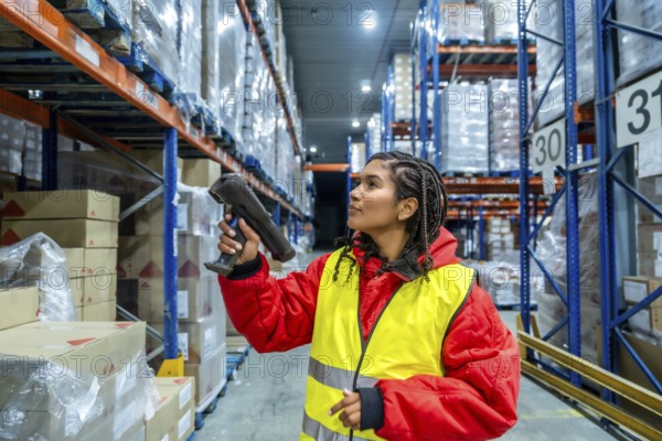Worker wearing protective clothing and a high visibility vest scanning boxes on tall racks,
