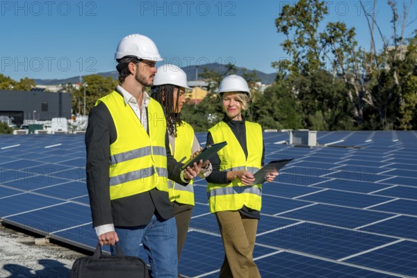 Team of diverse engineers and technicians wearing hard hats and high visibility vests inspecting a