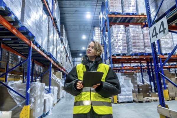 Woman worker wearing a warm jacket and high visibility vest using a digital tablet while checking