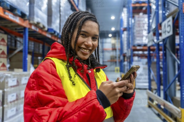 Smiling female worker managing cold storage inventory, checking orders and ensuring efficient
