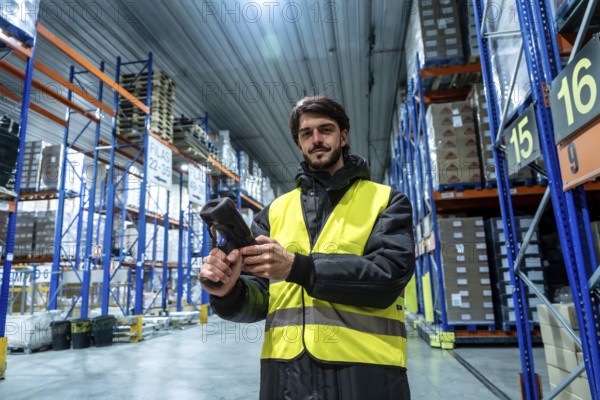 Worker wearing protective clothing and a high visibility vest operating a barcode scanner, managing
