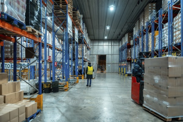 Workers are moving inventory using a forklift and inspecting goods on high racks in a large cold