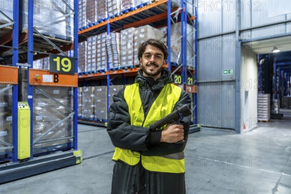 Man in safety vest and warm clothing holding a scanner, working in a cold storage warehouse with