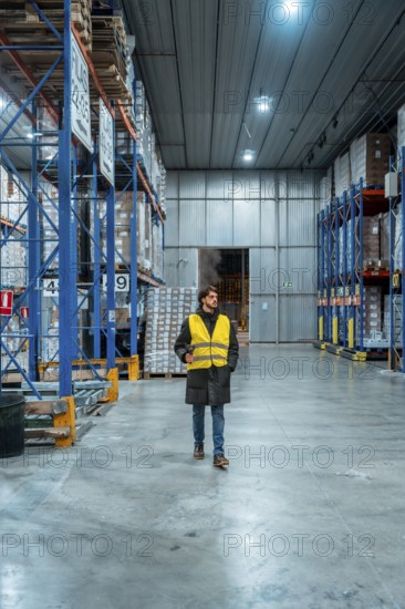 Male worker wearing a safety vest and winter jacket managing inventory in a large, modern cold