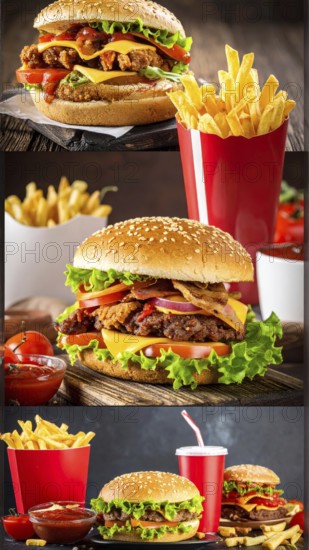 Collage of various fast food meals. beagles, hamburger, cheeseburger, french fries and a view green